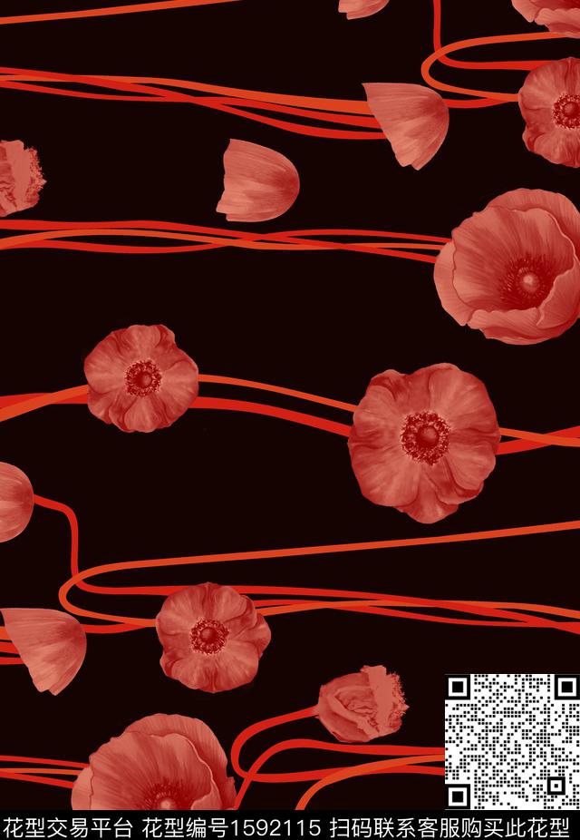 花卉黑底花卉线条数码印花花型下载（图片编号: 1592115） - 瓦栏（Walan）