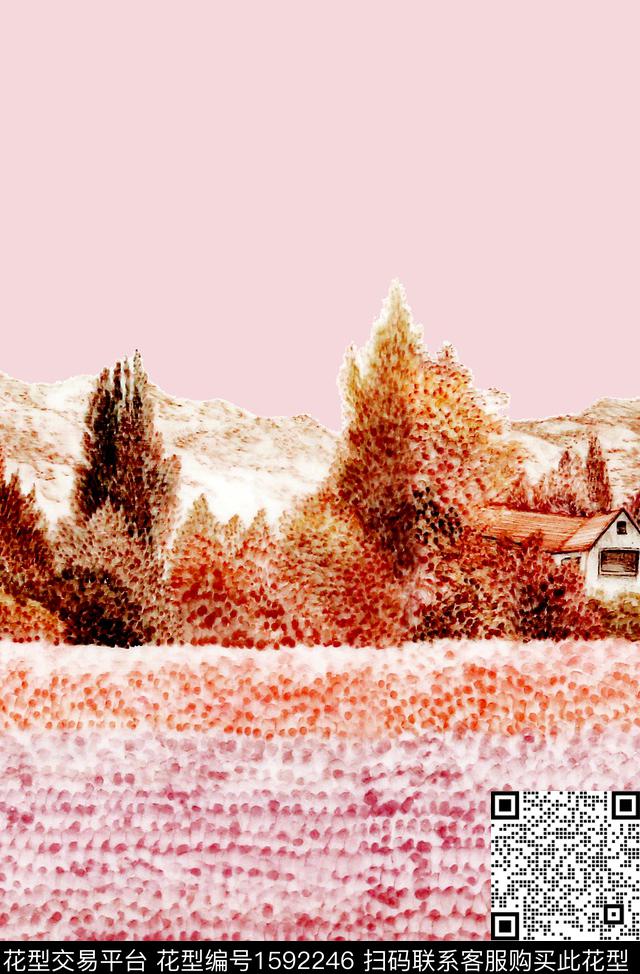 水彩定位山村数码印花花型下载（图片编号: 1592246） - 瓦栏（Walan）