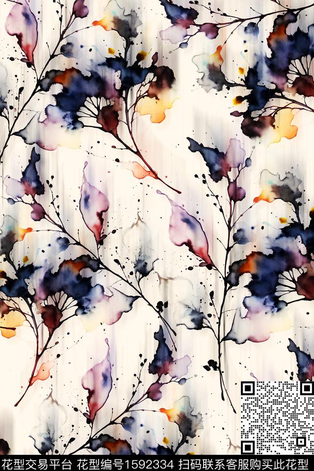 花卉水彩虚影数码印花花型下载（图片编号: 1592334） - 瓦栏（Walan）