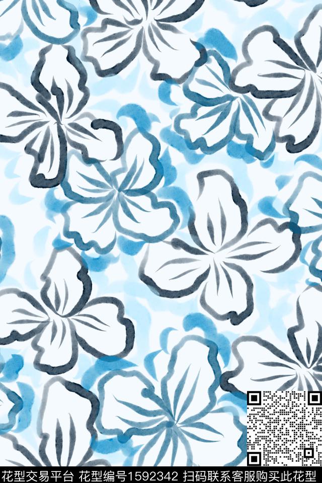 简约线条花卉手绘数码印花花型下载（图片编号: 1592342） - 瓦栏（Walan）