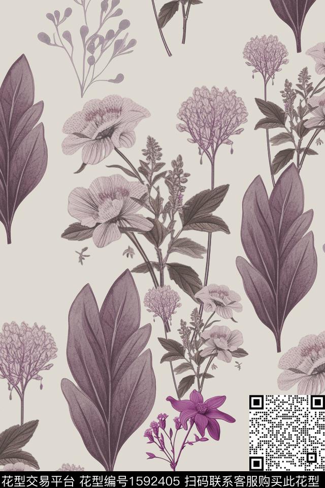 花卉复古绿植树叶数码印花花型下载（图片编号: 1592405） - 瓦栏（Walan）