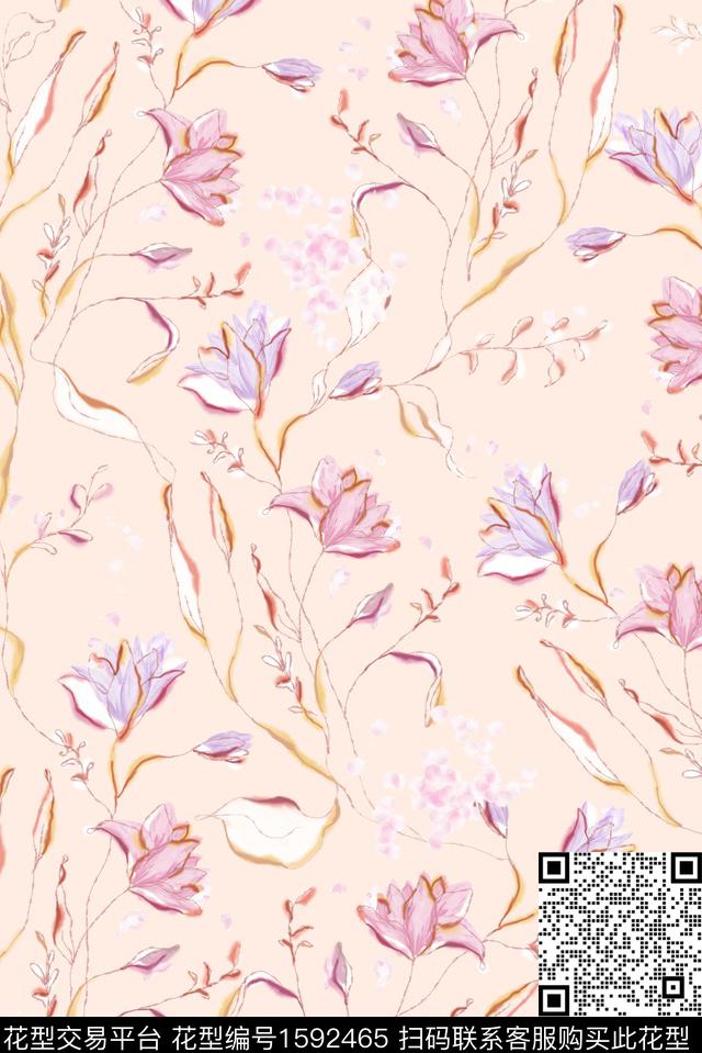 花卉小碎花线条画数码印花花型下载（图片编号: 1592465） - 瓦栏（Walan）