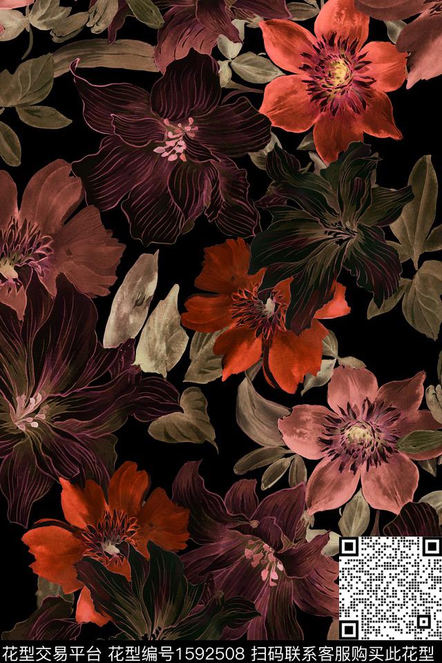 大花真丝复古数码印花花型下载（图片编号: 1592508） - 瓦栏（Walan）