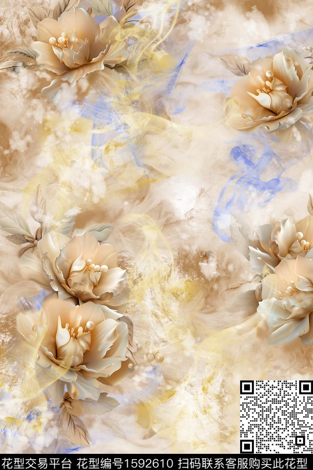 花卉渐变模糊花卉数码印花花型下载（图片编号: 1592610） - 瓦栏（Walan）