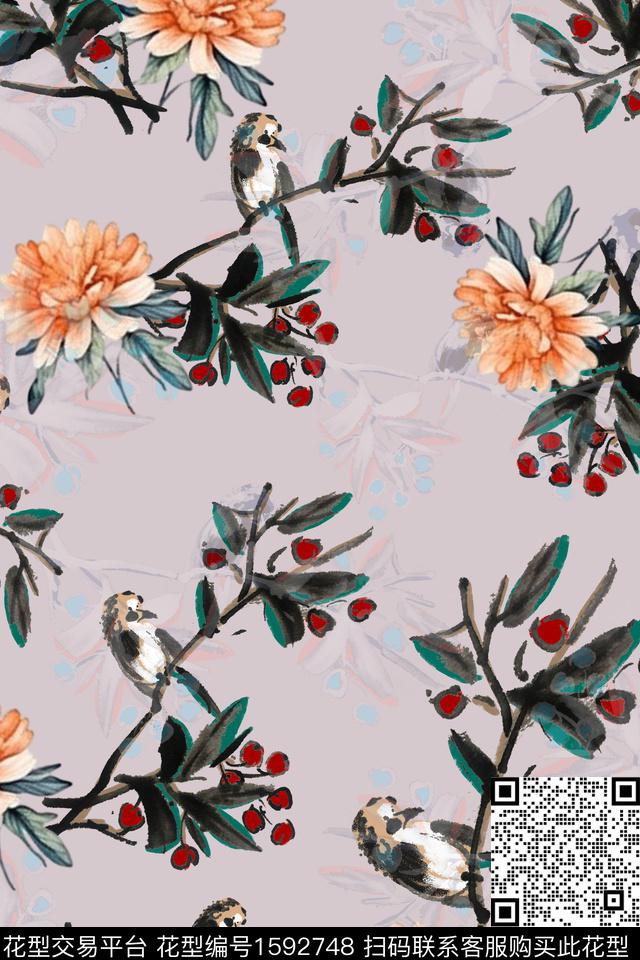 花卉水墨风影花数码印花花型下载（图片编号: 1592748） - 瓦栏（Walan）