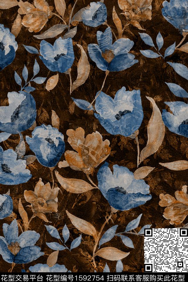 黑底花卉真丝花卉数码印花花型下载（图片编号: 1592754） - 瓦栏（Walan）