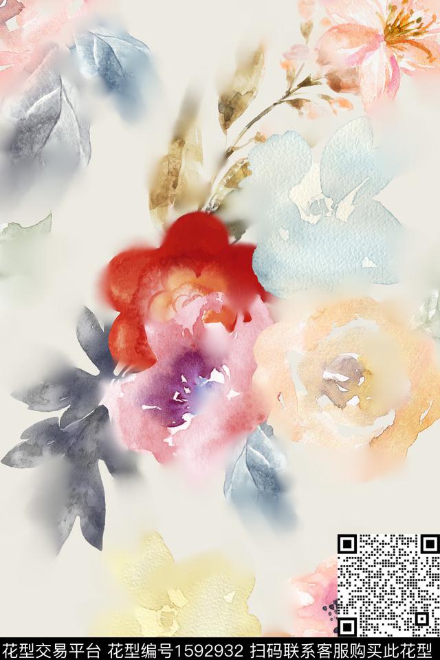 大花花卉水彩花卉数码印花花型下载（图片编号: 1592932） - 瓦栏（Walan）