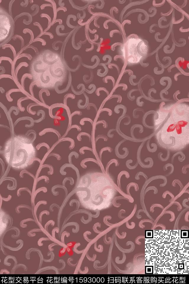 花卉卷草笔触数码印花花型下载（图片编号: 1593000） - 瓦栏（Walan）