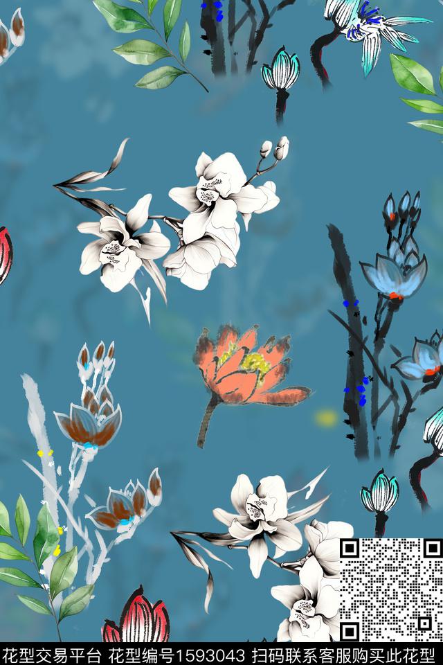 水墨风荷花花卉数码印花花型下载（图片编号: 1593043） - 瓦栏（Walan）