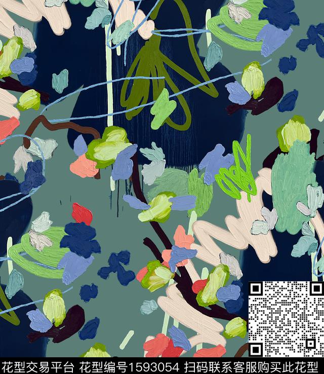 涂鸦线条油画花型数码印花花型下载（图片编号: 1593054） - 瓦栏（Walan）
