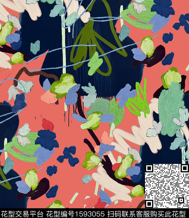 涂鸦笔触油画花型数码印花花型下载（图片编号: 1593055） - 瓦栏（Walan）