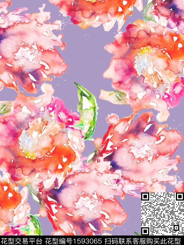 梅花水彩花卉牡丹数码印花花型下载（图片编号: 1593065） - 瓦栏（Walan）