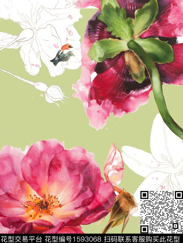 花卉水彩花卉剪影数码印花花型下载（图片编号: 1593068） - 瓦栏（Walan）