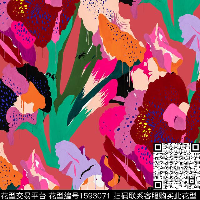 大花孔雀绿彩色底数码印花花型下载（图片编号: 1593071） - 瓦栏（Walan）