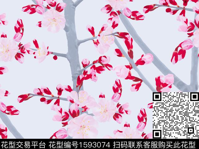 梅花水彩花卉树枝数码印花花型下载（图片编号: 1593074） - 瓦栏（Walan）