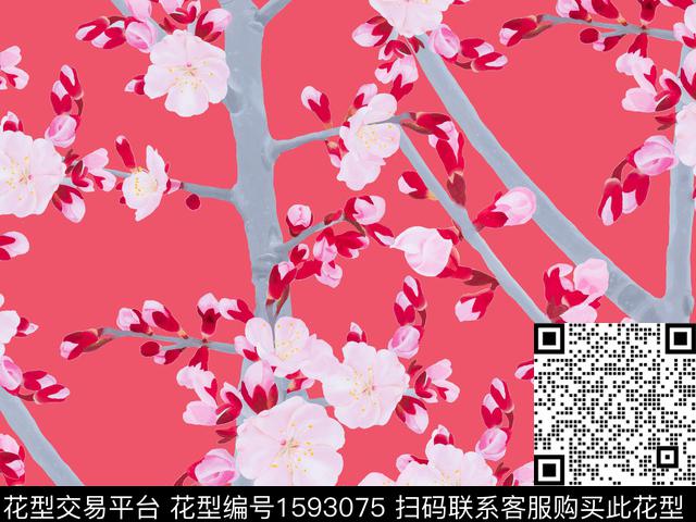 梅花水彩花卉牡丹数码印花花型下载（图片编号: 1593075） - 瓦栏（Walan）
