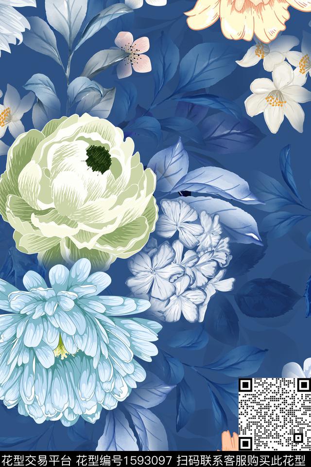 大花花卉影花数码印花花型下载（图片编号: 1593097） - 瓦栏（Walan）