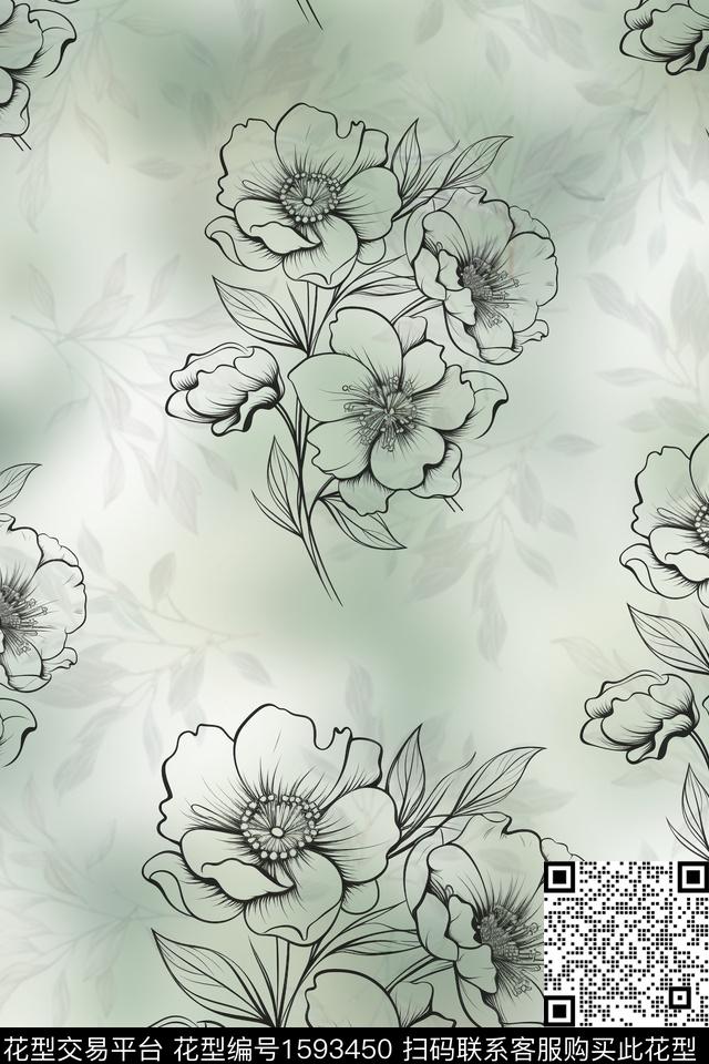 花卉线条花卉影花数码印花花型下载（图片编号: 1593450） - 瓦栏（Walan）