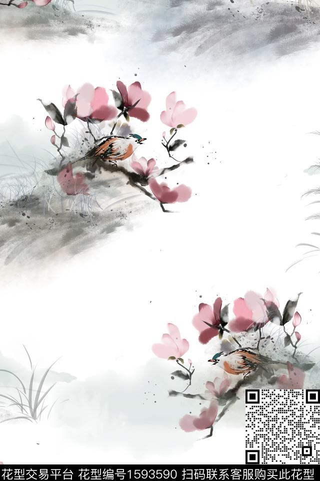 水墨风国画花卉数码印花花型下载（图片编号: 1593590） - 瓦栏（Walan）