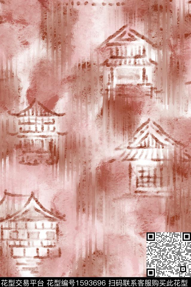 建筑侘寂风景景观数码印花花型下载（图片编号: 1593696） - 瓦栏（Walan）