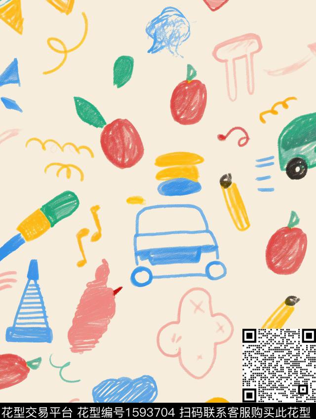 手绘卡通蜡笔画数码印花花型下载（图片编号: 1593704） - 瓦栏（Walan）