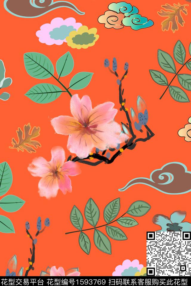 花卉祥云叶子数码印花花型下载（图片编号: 1593769） - 瓦栏（Walan）