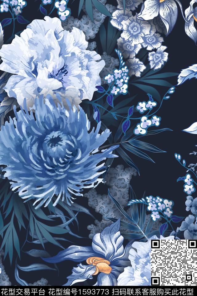 大花花卉水彩花卉数码印花花型下载（图片编号: 1593773） - 瓦栏（Walan）