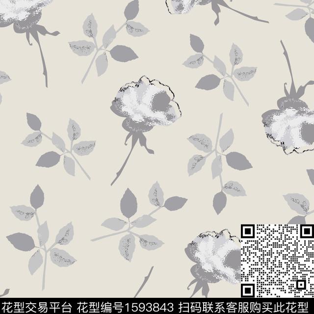 花卉清爽底花卉叶子数码印花花型下载（图片编号: 1593843） - 瓦栏（Walan）