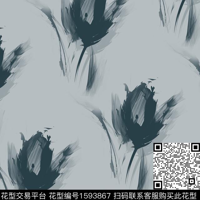 花卉影花水彩数码印花花型下载（图片编号: 1593867） - 瓦栏（Walan）