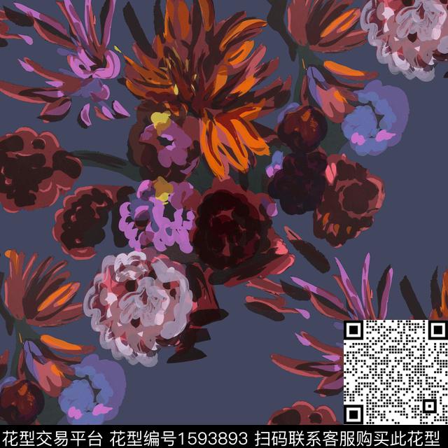 中老年香云纱油画花型数码印花花型下载（图片编号: 1593893） - 瓦栏（Walan）