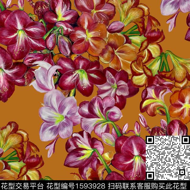 中老年香云纱油画花型数码印花花型下载（图片编号: 1593928） - 瓦栏（Walan）