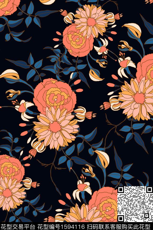 花卉女装黑底花卉数码印花花型下载（图片编号: 1594116） - 瓦栏（Walan）