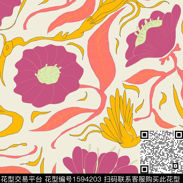 抽象花卉鸟数码印花花型下载（图片编号: 1594203） - 瓦栏（Walan）