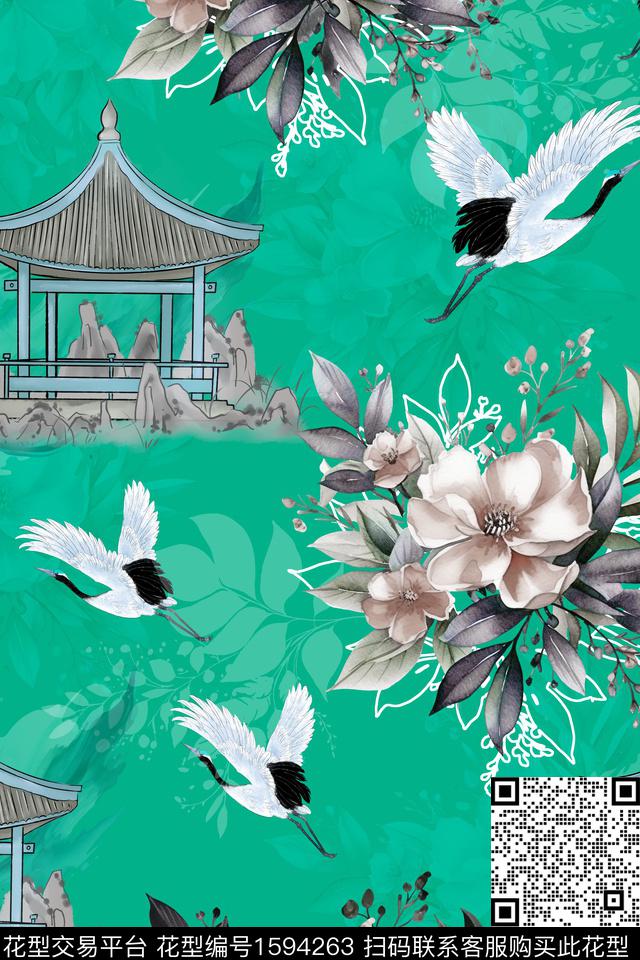 中国风水墨风亭子数码印花花型下载（图片编号: 1594263） - 瓦栏（Walan）
