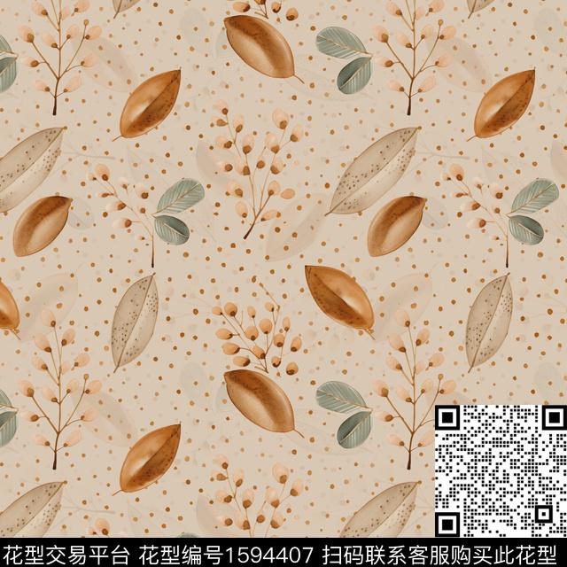 水彩波点叶子数码印花花型下载（图片编号: 1594407） - 瓦栏（Walan）