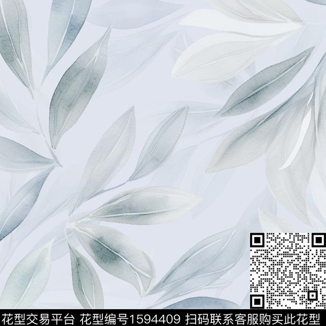 水彩灰色调叶子数码印花花型下载（图片编号: 1594409） - 瓦栏（Walan）