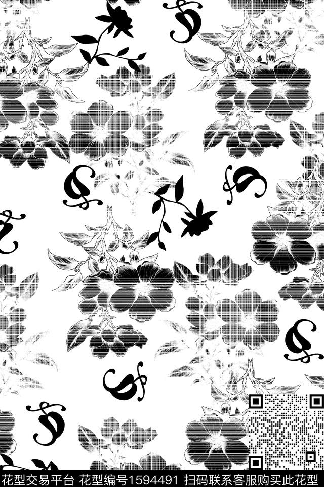 满版散花花卉黑白花型传统印花花型下载（图片编号: 1594491） - 瓦栏（Walan）
