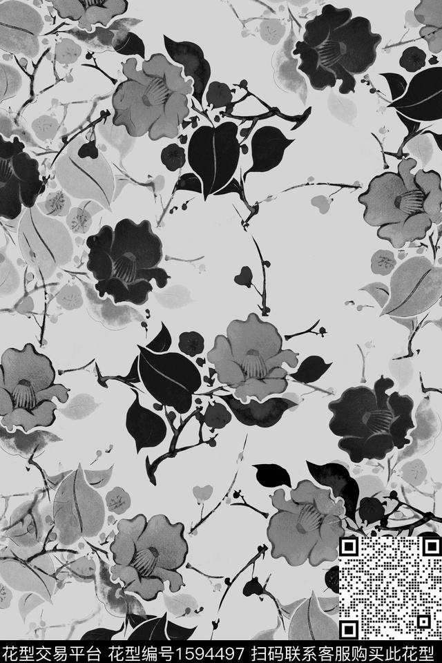 黑白花卉数码印花花型下载（图片编号: 1594497） - 瓦栏（Walan）