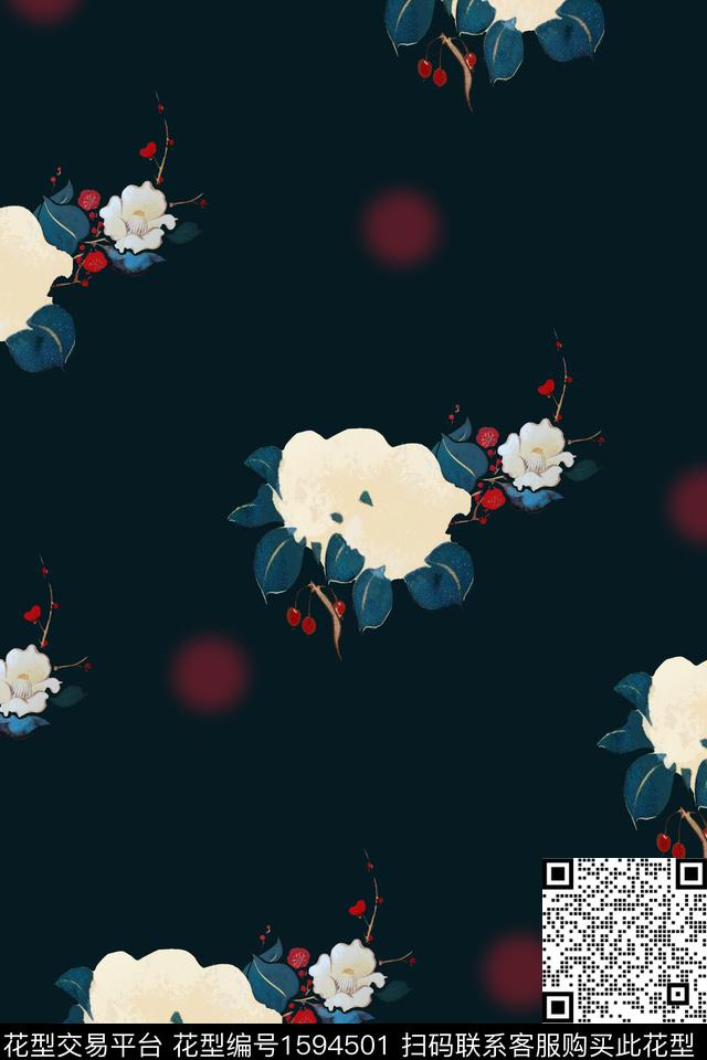 花卉黑底花卉水墨风数码印花花型下载（图片编号: 1594501） - 瓦栏（Walan）