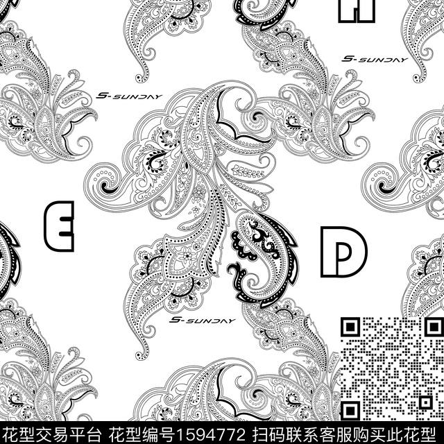 字母腰果花男装数码印花花型下载（图片编号: 1594772） - 瓦栏（Walan）