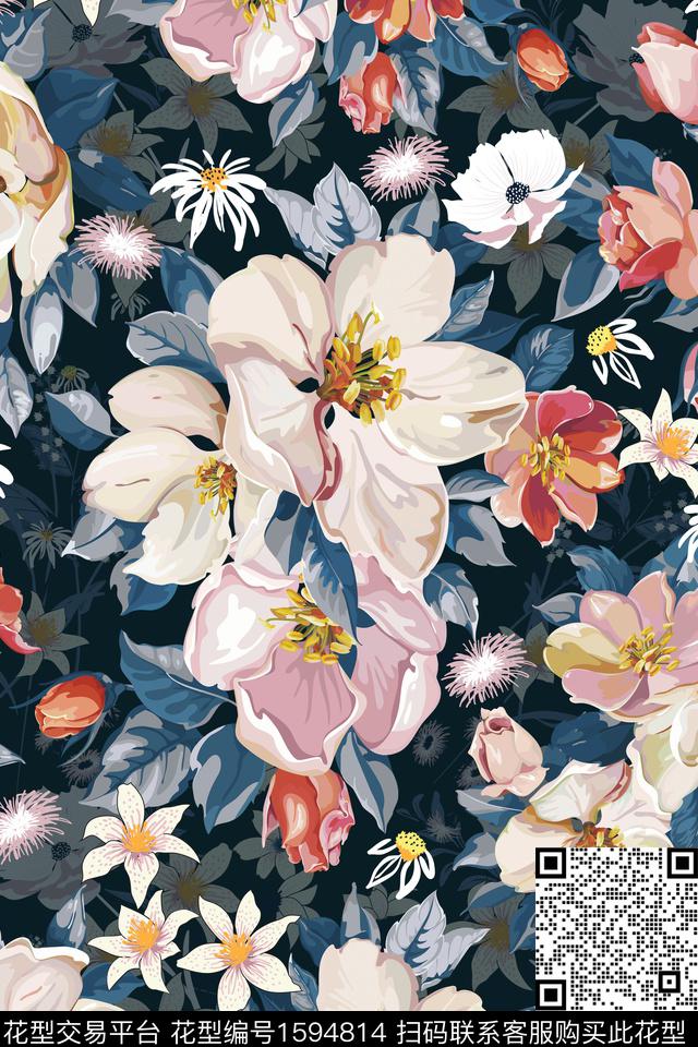 影花大花黑底花卉数码印花花型下载（图片编号: 1594814） - 瓦栏（Walan）