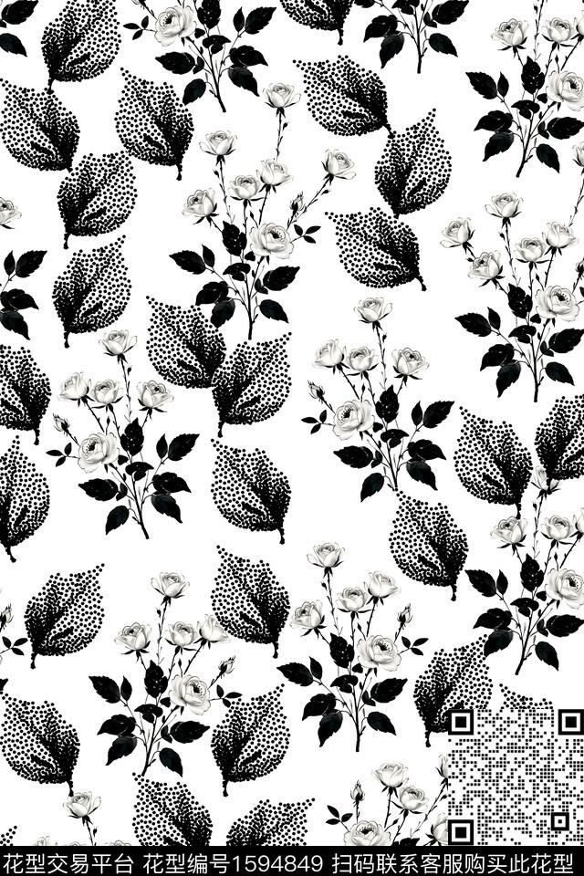 满版散花黑白花型植物数码印花花型下载（图片编号: 1594849） - 瓦栏（Walan）