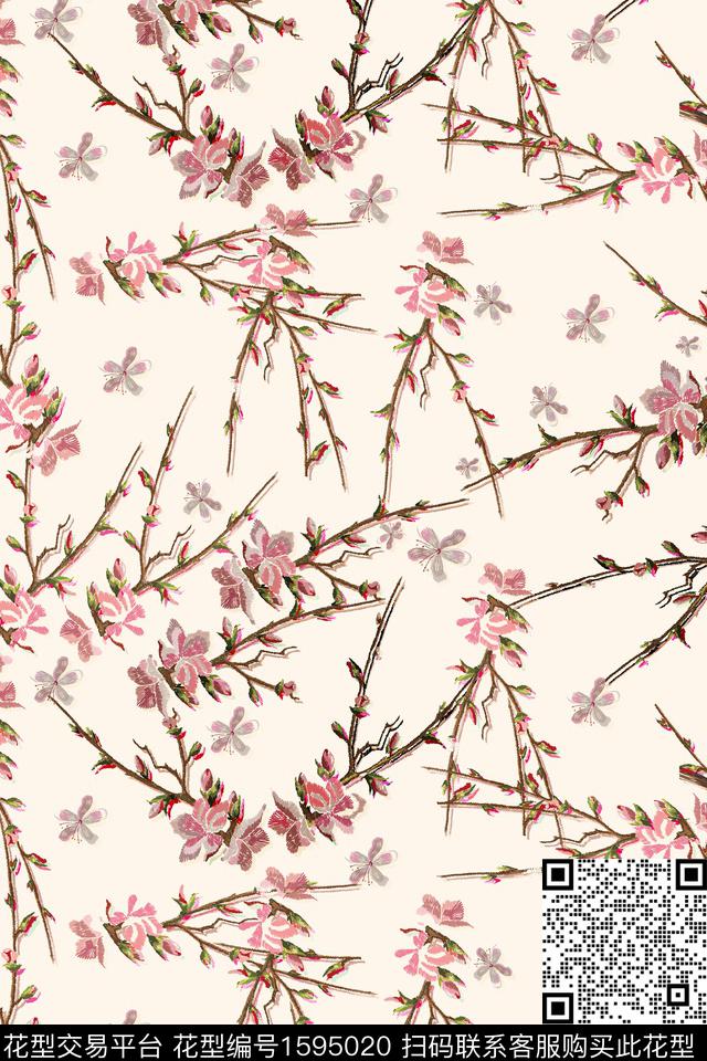 花卉枝条花仿绣花数码印花花型下载（图片编号: 1595020） - 瓦栏（Walan）