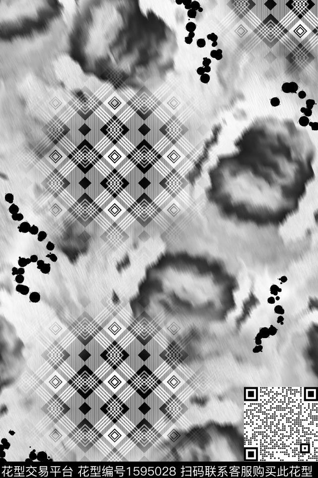晕染肌理混合拼接黑白花型数码印花花型下载（图片编号: 1595028） - 瓦栏（Walan）