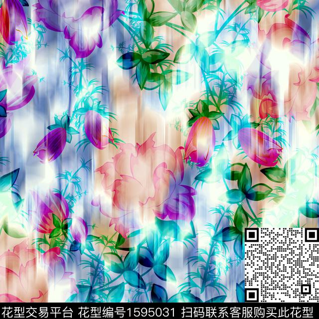 花卉炫彩渐变数码印花花型下载（图片编号: 1595031） - 瓦栏（Walan）