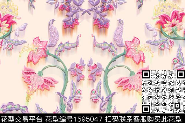 花卉民族花卉对称数码印花花型下载（图片编号: 1595047） - 瓦栏（Walan）