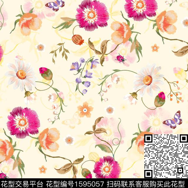花卉蝴蝶小清新数码印花花型下载（图片编号: 1595057） - 瓦栏（Walan）