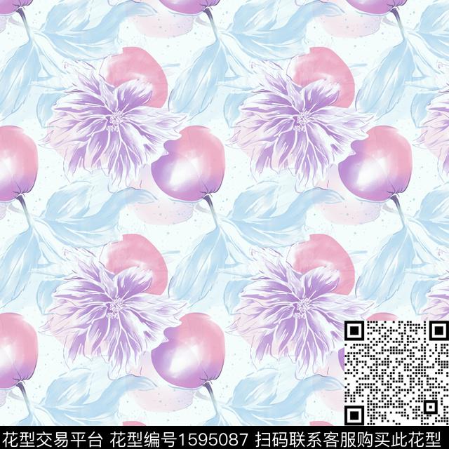 花卉水彩影花数码印花花型下载（图片编号: 1595087） - 瓦栏（Walan）