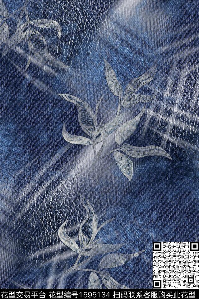 牛仔肌理线条绿植树叶数码印花花型下载（图片编号: 1595134） - 瓦栏（Walan）