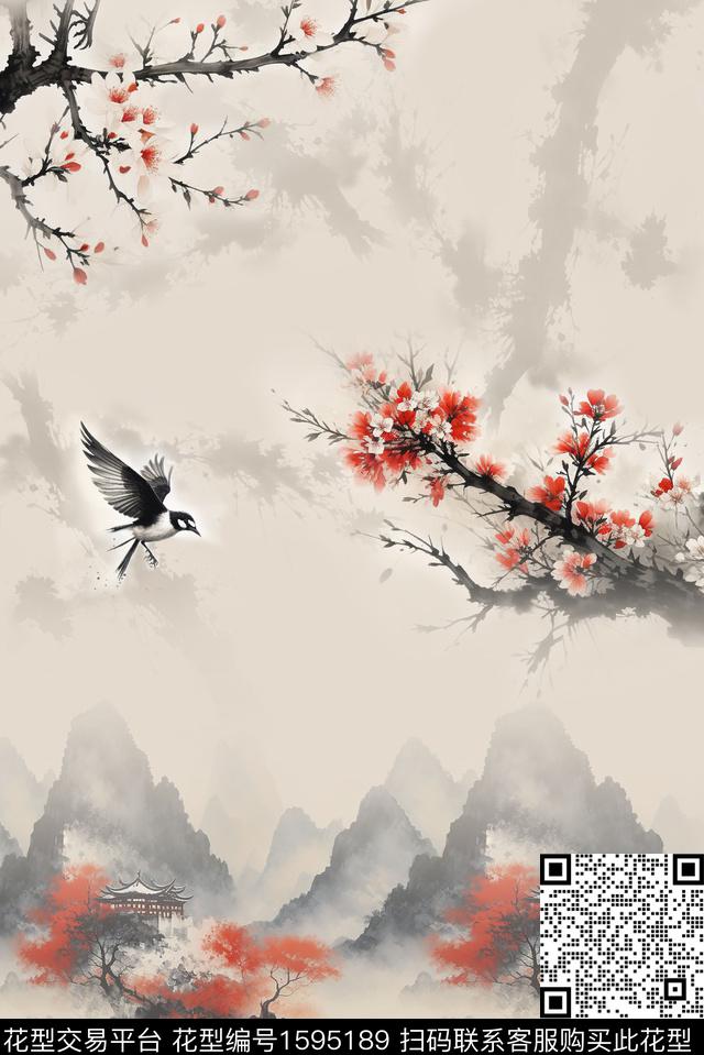 梅花中国风水墨风数码印花花型下载（图片编号: 1595189） - 瓦栏（Walan）